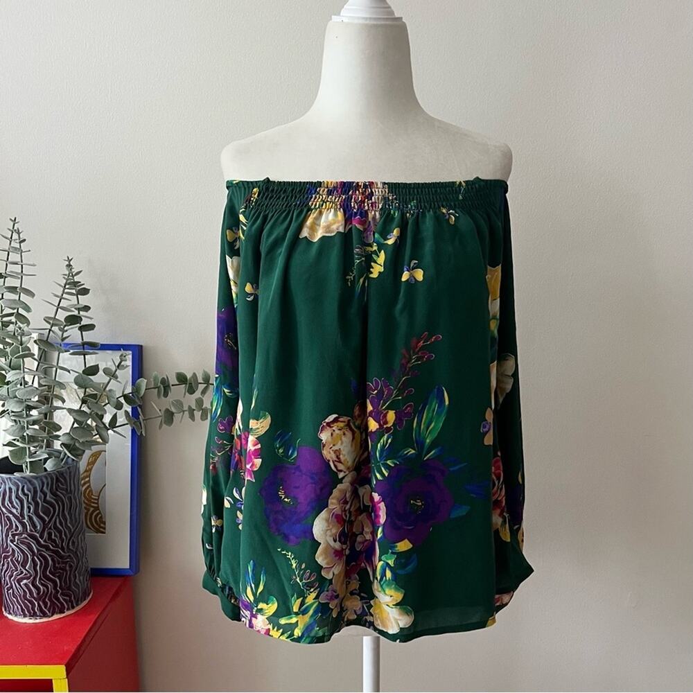 Anthropologie Maeve Green Silk Floral Off-the-Shoulder Blouse